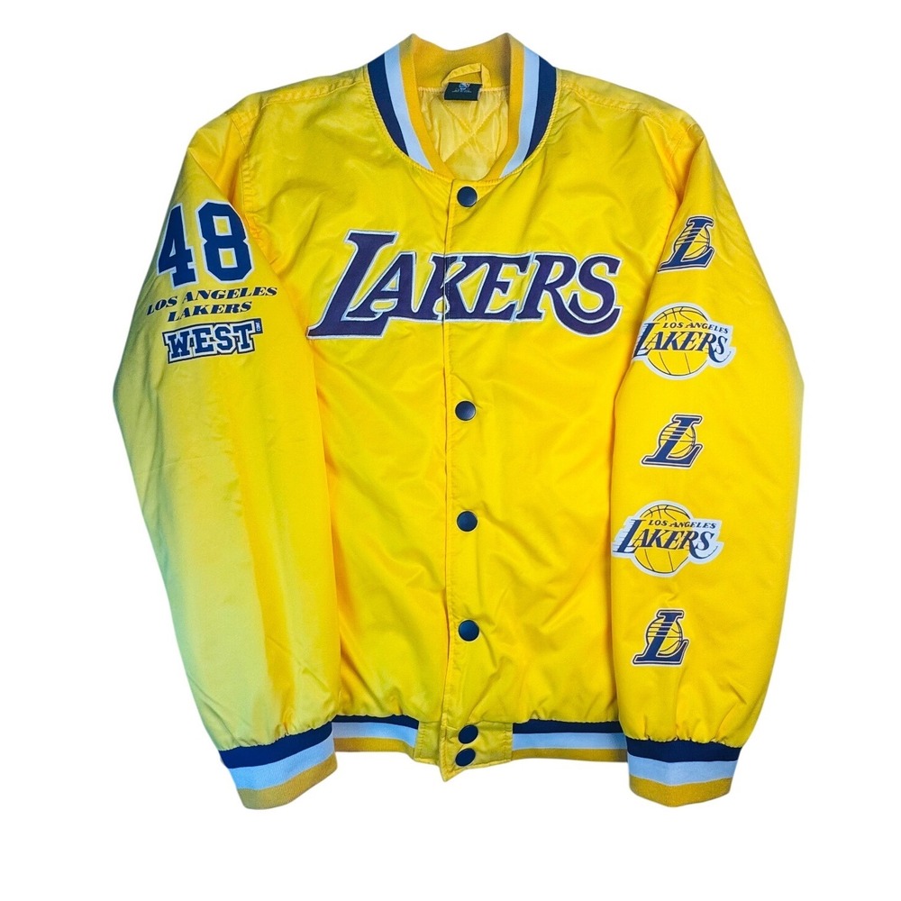 NBA Los Angeles Lakers Jacket Med Yellow Quilted Snap Front Logo Sleeve Bomber